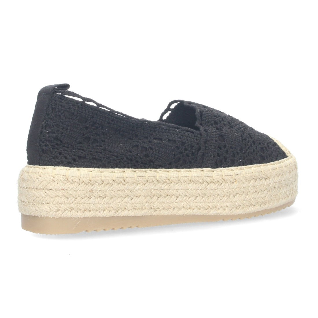 Vista trasera de alpargata negra con detalle de encaje