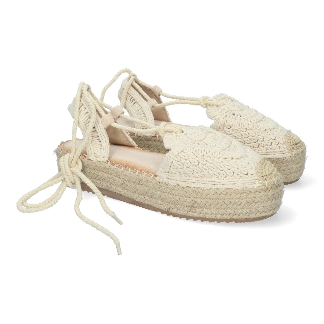 Alpargatas beige de encaje con plataforma de yute y cordones
