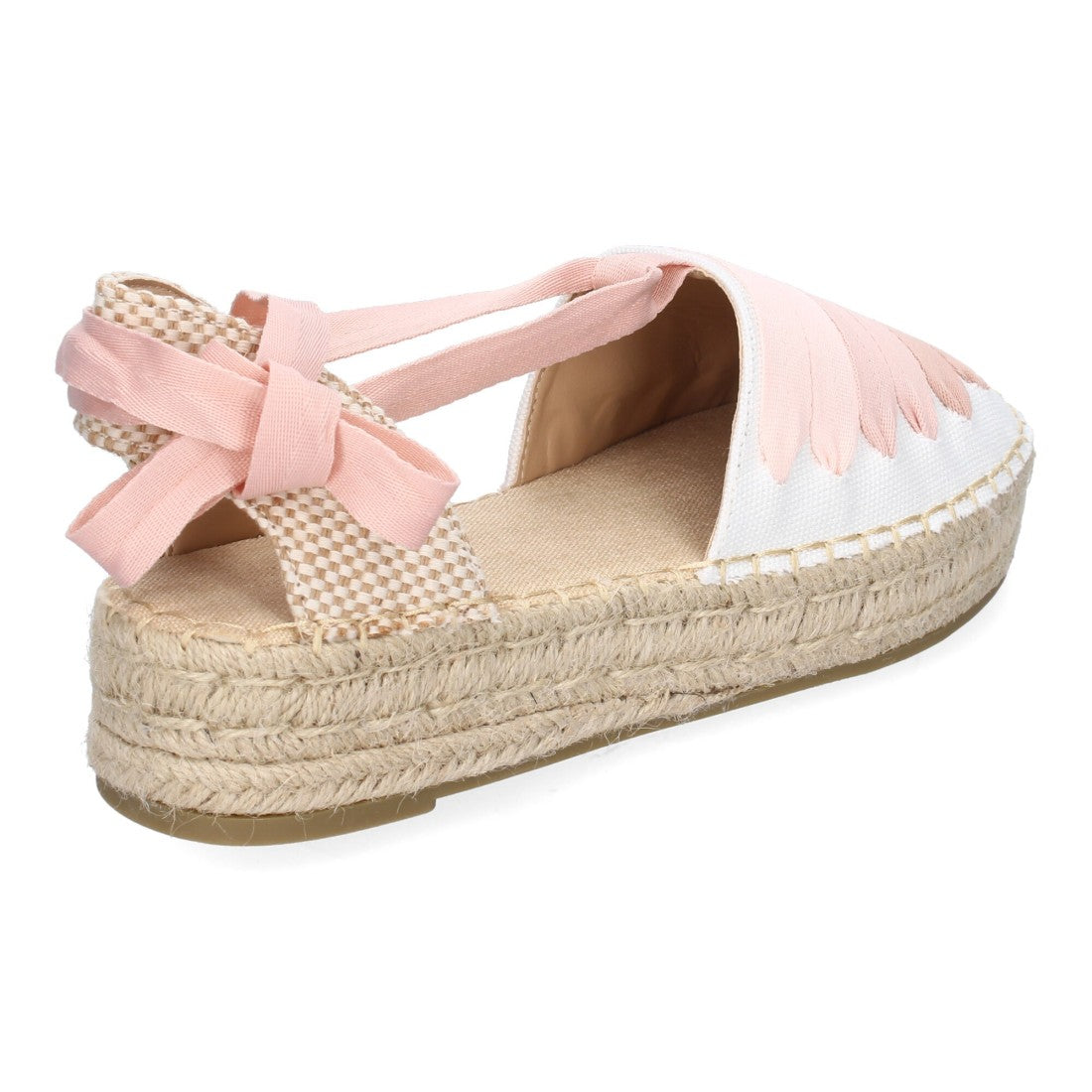 Vista trasera de alpargatas rosas con plataforma de esparto
