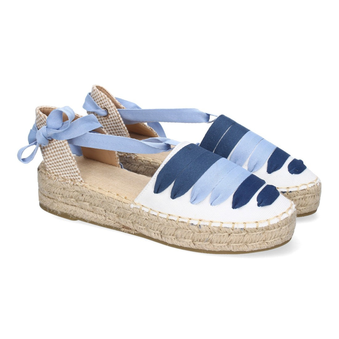 Alpargatas planas valencianas azules y blancas con cintas