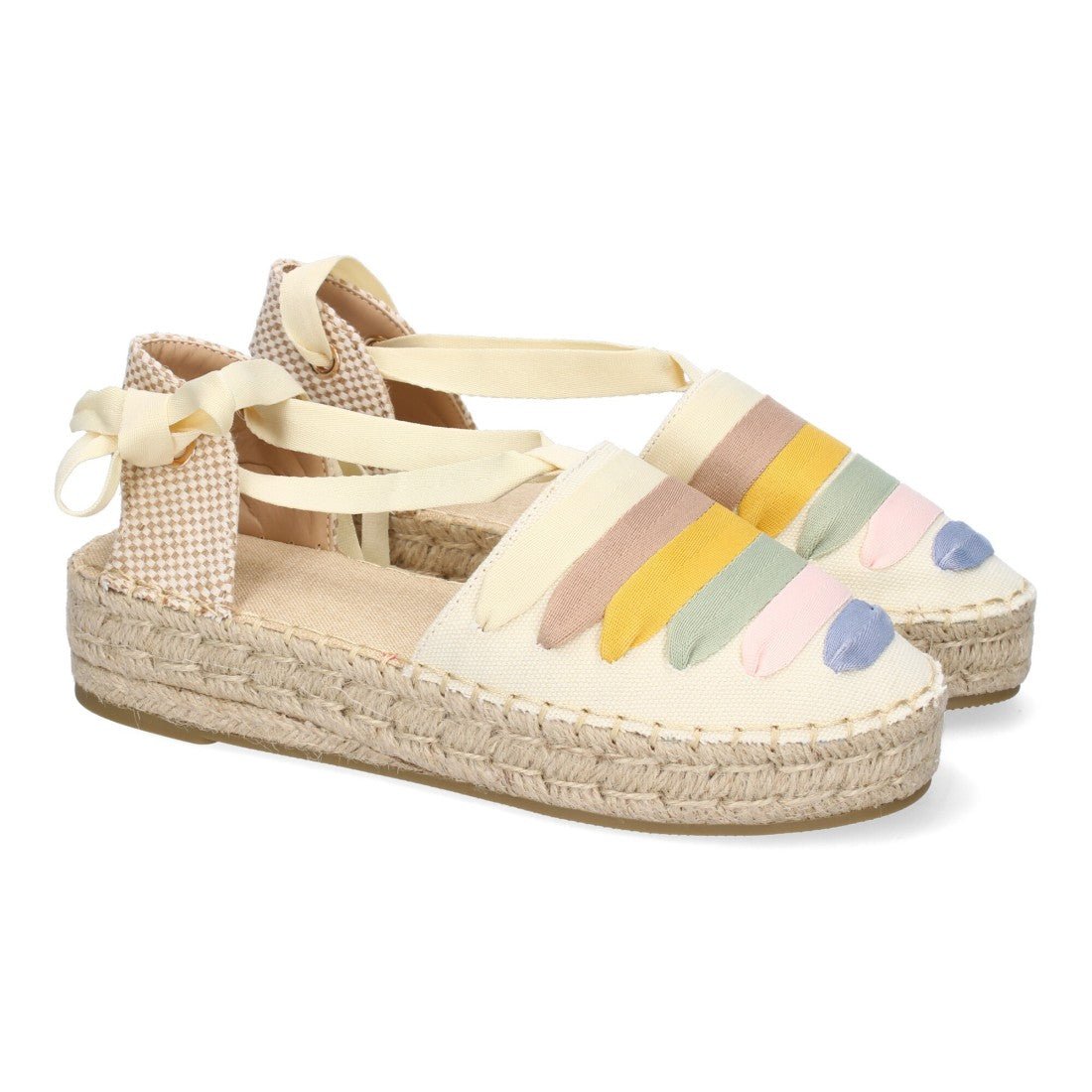 Alpargatas valencianas de mujer con detalle de rayas multicolor y cintas